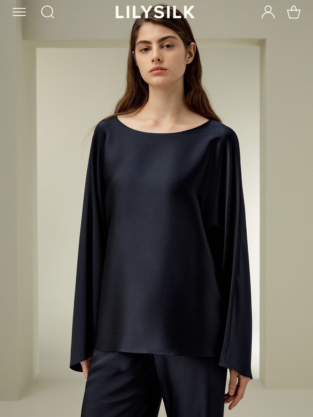 LILYSILK Navy Silk Long-Sleeve Boatneck Blouse